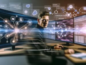 Marketer arbeitet konzentriert an Monitoren mit Data Streams, Spark-Logos und Visualisierungen, im Hintergrund fließende Datenströme aus verschiedenen Quellen.