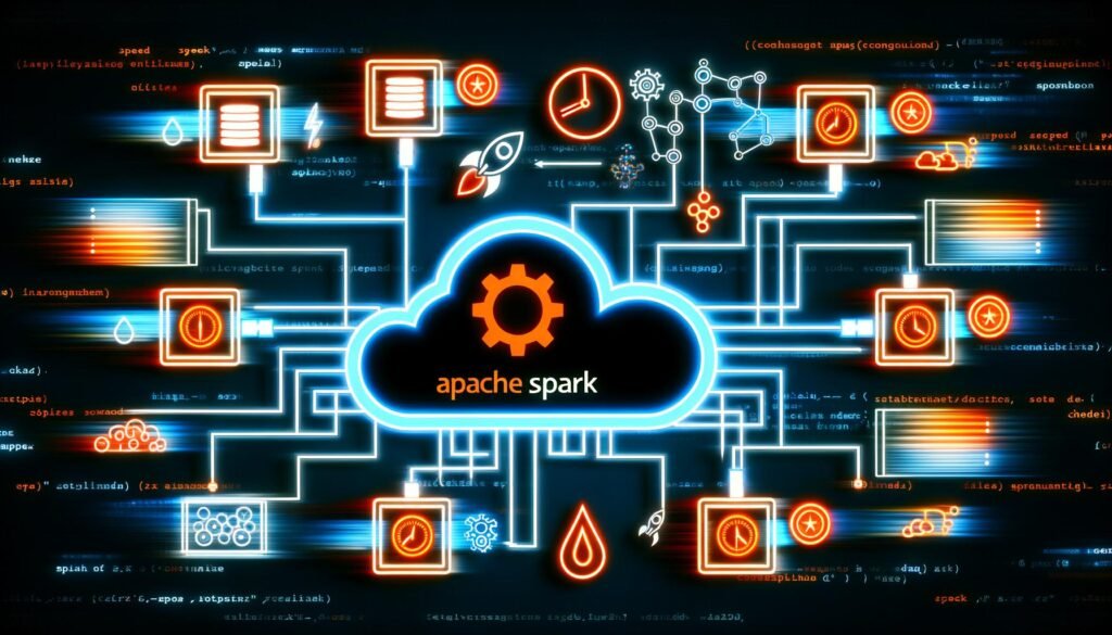 Moderne Illustration eines Apache Spark-Clusters mit Logo, verbundenen Nodes, Datenpipelines, Geschwindigkeitssymbolen und technischen Akzenten in Orange und Blau.