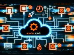 Moderne Illustration eines Apache Spark-Clusters mit Logo, verbundenen Nodes, Datenpipelines, Geschwindigkeitssymbolen und technischen Akzenten in Orange und Blau.