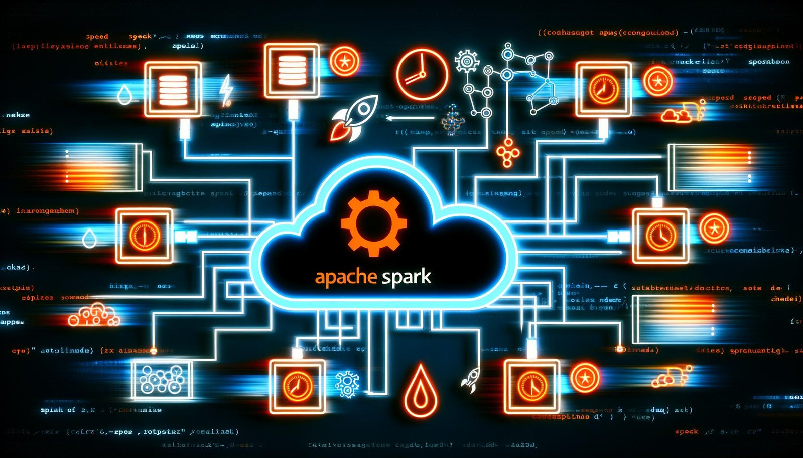 Moderne Illustration eines Apache Spark-Clusters mit Logo, verbundenen Nodes, Datenpipelines, Geschwindigkeitssymbolen und technischen Akzenten in Orange und Blau.