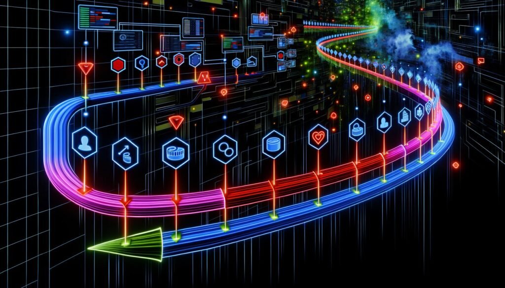 Hochmoderne, leuchtende Datenpipeline mit klar markierten DataFrame-, Transformations-, Aktions-, Stage- und Executor-Icons, eingebettet in eine digitale Landschaft mit Server-Clustern und gestressten Knotenpunkten.