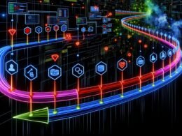 Hochmoderne, leuchtende Datenpipeline mit klar markierten DataFrame-, Transformations-, Aktions-, Stage- und Executor-Icons, eingebettet in eine digitale Landschaft mit Server-Clustern und gestressten Knotenpunkten.