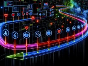 Hochmoderne, leuchtende Datenpipeline mit klar markierten DataFrame-, Transformations-, Aktions-, Stage- und Executor-Icons, eingebettet in eine digitale Landschaft mit Server-Clustern und gestressten Knotenpunkten.