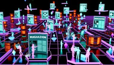 Avatar-Nutzer erleben im Metaverse eine digitale Lounge mit schwebenden Artikeln, NFTs, holografischen Benutzeroberflächen und VR-Interaktionen, umgeben von Neonfarben und Blockchain-Symbolen.