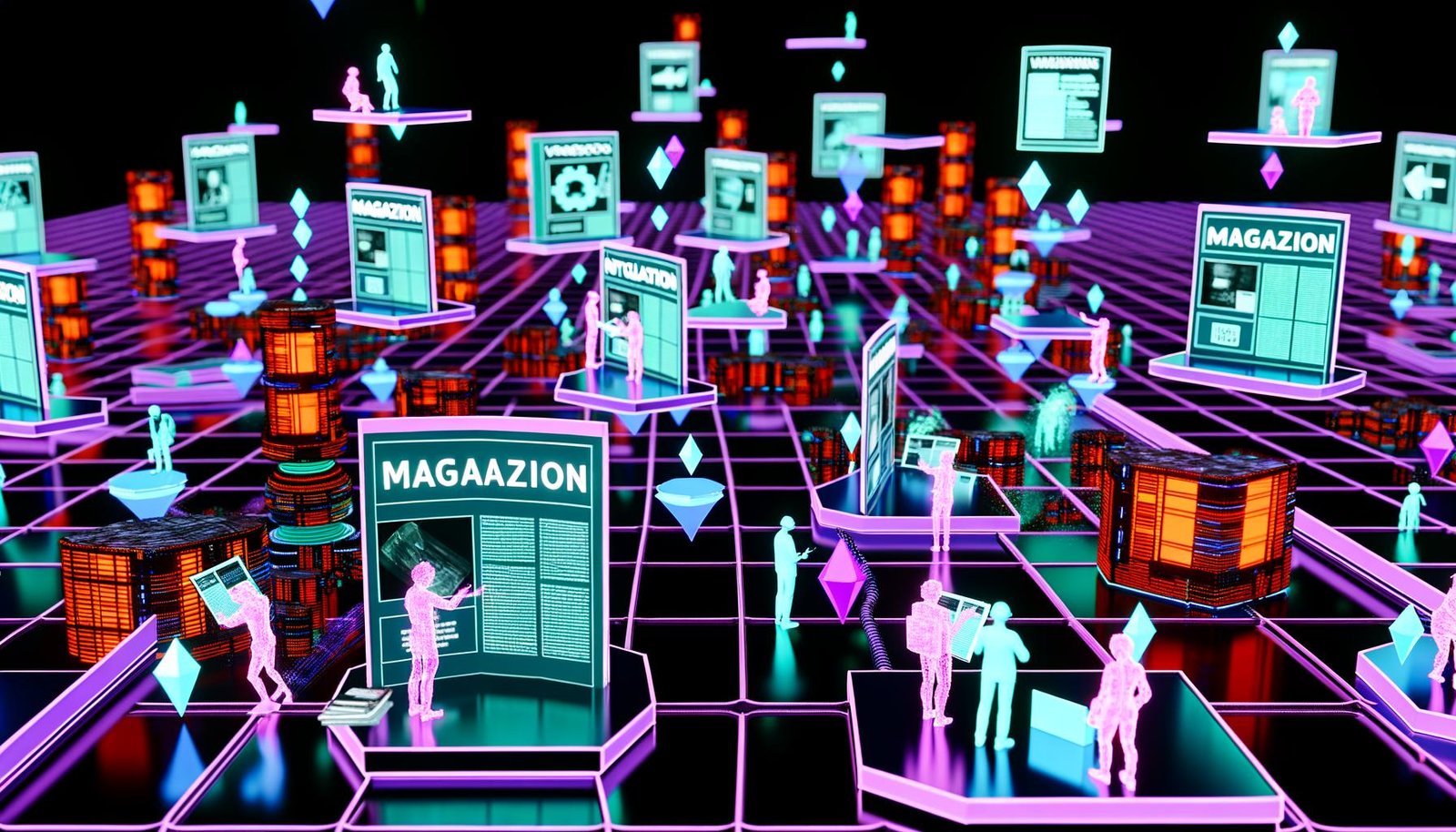Avatar-Nutzer erleben im Metaverse eine digitale Lounge mit schwebenden Artikeln, NFTs, holografischen Benutzeroberflächen und VR-Interaktionen, umgeben von Neonfarben und Blockchain-Symbolen.
