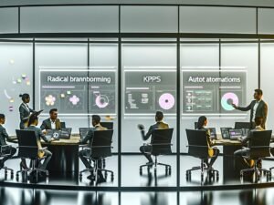 Mitarbeiterteam in einem modernen, transparenten Hightech-Büro, das kollaborativ an Touchscreens mit Datenvisualisierungen und Automatisierungsprozessen arbeitet
