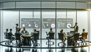 Mitarbeiterteam in einem modernen, transparenten Hightech-Büro, das kollaborativ an Touchscreens mit Datenvisualisierungen und Automatisierungsprozessen arbeitet