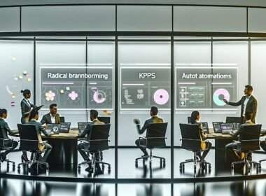 Mitarbeiterteam in einem modernen, transparenten Hightech-Büro, das kollaborativ an Touchscreens mit Datenvisualisierungen und Automatisierungsprozessen arbeitet