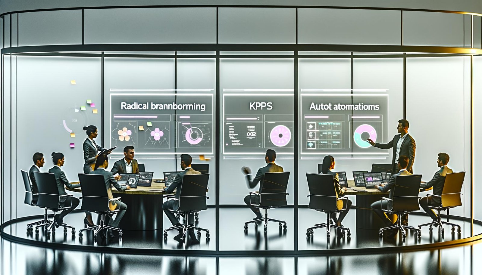 Mitarbeiterteam in einem modernen, transparenten Hightech-Büro, das kollaborativ an Touchscreens mit Datenvisualisierungen und Automatisierungsprozessen arbeitet