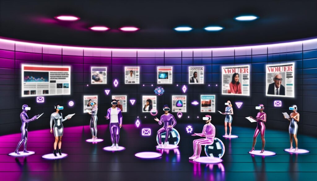 Futuristischer Newsroom mit Menschen, die VR-Headsets und AR-Brillen tragen und digitale WordPress-Interfaces, NFT-Bilder sowie Blockchain-Symbole bedienen, umgeben von Neonlichtern und schwebenden Magazincovern.