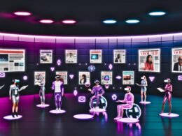 Futuristischer Newsroom mit Menschen, die VR-Headsets und AR-Brillen tragen und digitale WordPress-Interfaces, NFT-Bilder sowie Blockchain-Symbole bedienen, umgeben von Neonlichtern und schwebenden Magazincovern.