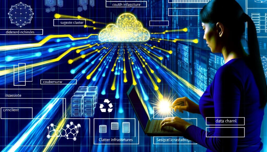 Illustration eines modernen Daten-Highways aus leuchtenden Datenströmen, die zu einer hellen Schnittstelle führen. Im Hintergrund Cluster-Infrastrukturen und Monitore, im Vordergrund ein konzentriert arbeitender Data Engineer mit Laptop.