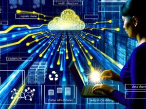 Illustration eines modernen Daten-Highways aus leuchtenden Datenströmen, die zu einer hellen Schnittstelle führen. Im Hintergrund Cluster-Infrastrukturen und Monitore, im Vordergrund ein konzentriert arbeitender Data Engineer mit Laptop.