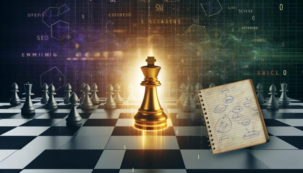 Digitales Schachbrett mit goldener Schachfigur, verblassenden Figuren, aufgeschlagenem Notizbuch mit Evergreen-Content-Skizzen und leuchtenden SEO-Diagrammen im Hintergrund.