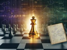 Digitales Schachbrett mit goldener Schachfigur, verblassenden Figuren, aufgeschlagenem Notizbuch mit Evergreen-Content-Skizzen und leuchtenden SEO-Diagrammen im Hintergrund.