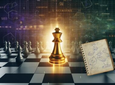 Digitales Schachbrett mit goldener Schachfigur, verblassenden Figuren, aufgeschlagenem Notizbuch mit Evergreen-Content-Skizzen und leuchtenden SEO-Diagrammen im Hintergrund.