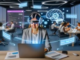 Junge Marketingspezialistin mit EEG-Headset vor Laptop im modernen Büro, umgeben von digitalen Gehirnwellen und leuchtenden Datenströmen mit WordPress-Backend auf dem Bildschirm.