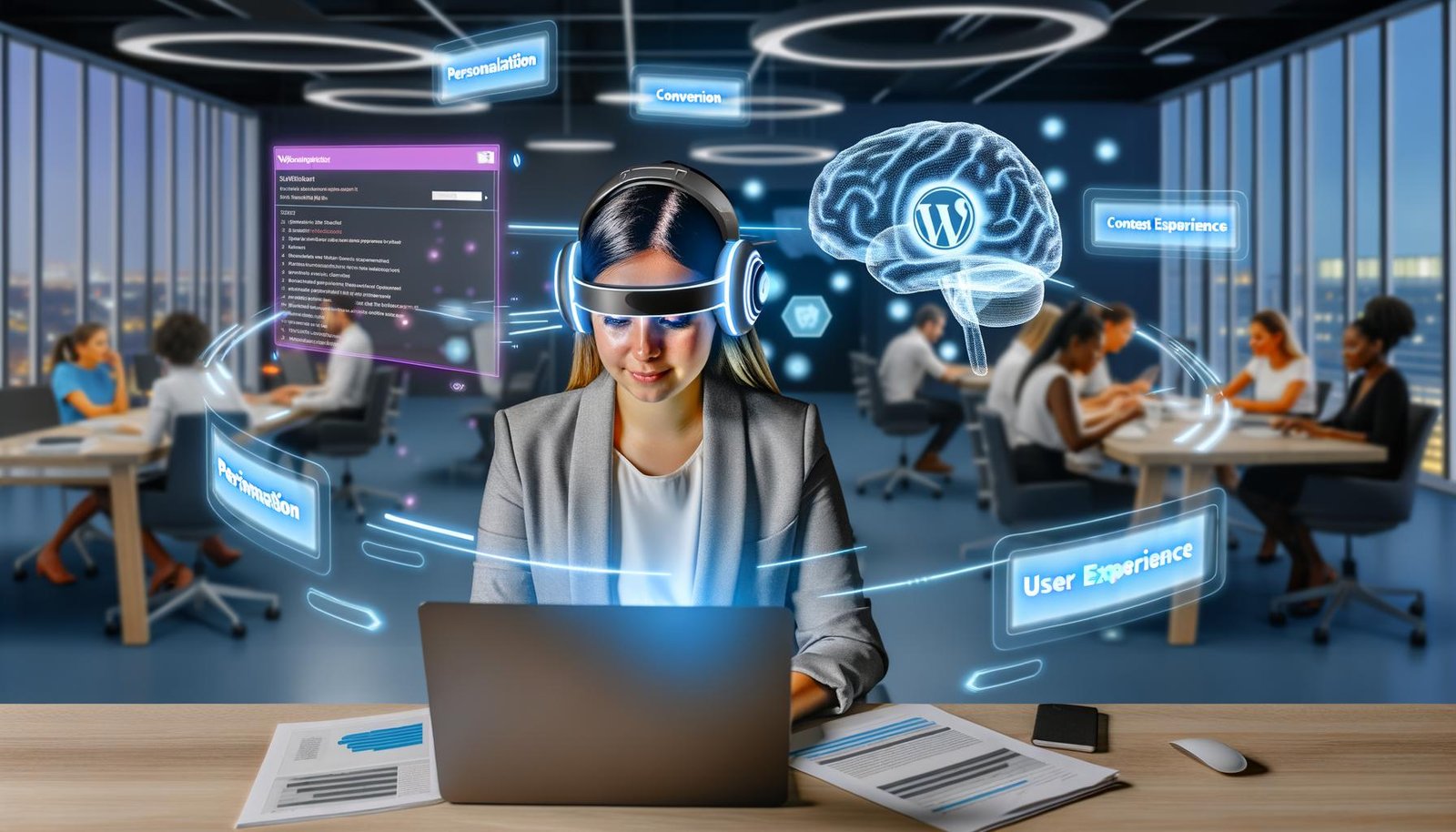 Junge Marketingspezialistin mit EEG-Headset vor Laptop im modernen Büro, umgeben von digitalen Gehirnwellen und leuchtenden Datenströmen mit WordPress-Backend auf dem Bildschirm.