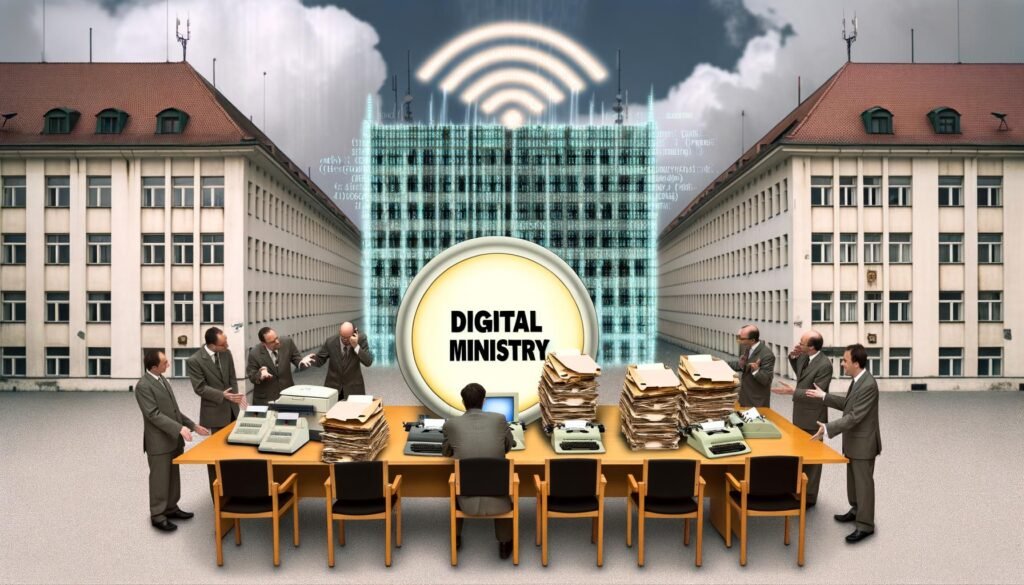 Konferenztisch im Berliner Regierungsviertel voller Aktenberge und Technik, Digitalministerium-Button, ratlose Politiker, Fassade aus bröckelndem Code, Wolken mit WLAN- und Glasfaser-Symbolik