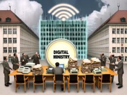 Konferenztisch im Berliner Regierungsviertel voller Aktenberge und Technik, Digitalministerium-Button, ratlose Politiker, Fassade aus bröckelndem Code, Wolken mit WLAN- und Glasfaser-Symbolik