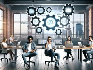 Modernes Redaktionsbüro in einem Loft mit mehreren Monitoren, die digitale Content-Workflows, Datenströme und KI-Tools visualisieren. Ein entspannter Redaktionsteam arbeitet vor großen Fenstern mit Stadtblick und einem schwebenden Zahnrad-Hologramm mit Daten-Icons.