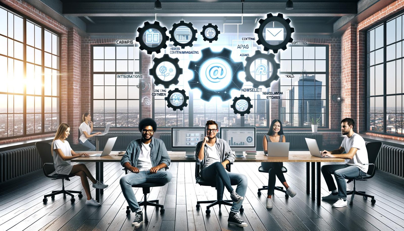 Modernes Redaktionsbüro in einem Loft mit mehreren Monitoren, die digitale Content-Workflows, Datenströme und KI-Tools visualisieren. Ein entspannter Redaktionsteam arbeitet vor großen Fenstern mit Stadtblick und einem schwebenden Zahnrad-Hologramm mit Daten-Icons.