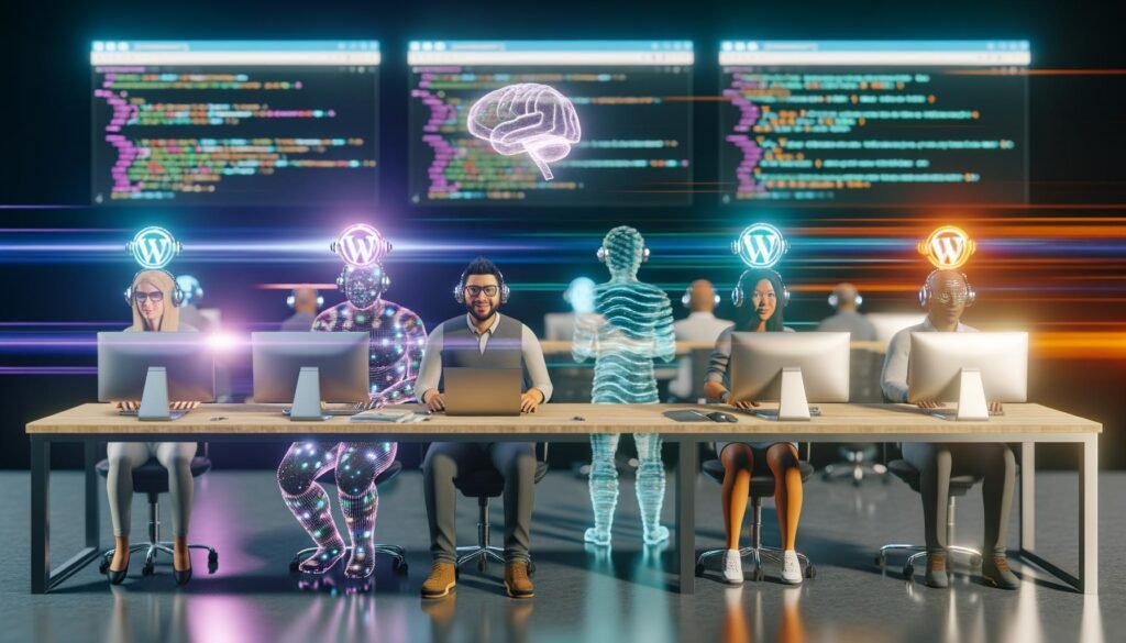 Futuristischer Arbeitsplatz mit Team, das an neurale Headsets, WordPress-Laptops und digitalen Daten arbeitet. Im Hintergrund fließende Code-Streams und holographische Webseiten.