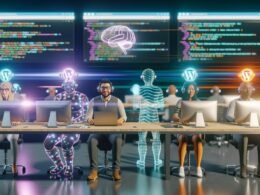 Futuristischer Arbeitsplatz mit Team, das an neurale Headsets, WordPress-Laptops und digitalen Daten arbeitet. Im Hintergrund fließende Code-Streams und holographische Webseiten.