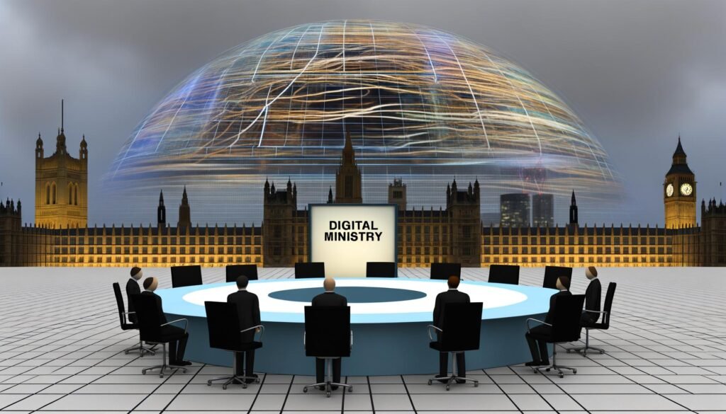 Politiker in dunklen Anzügen umgeben einen runden Tisch mit Namensschild ‚Digitalministerium‘, im Bundestag unter Kabeln, draußen moderne, digitalisierte Skylines