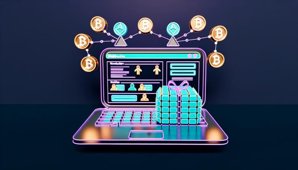 Modernes WordPress-Dashboard mit NFT-Funktionen, Wallet-Connect, Blockchain-Elementen und 3D-Avataren, die Datenübertragung feiern.