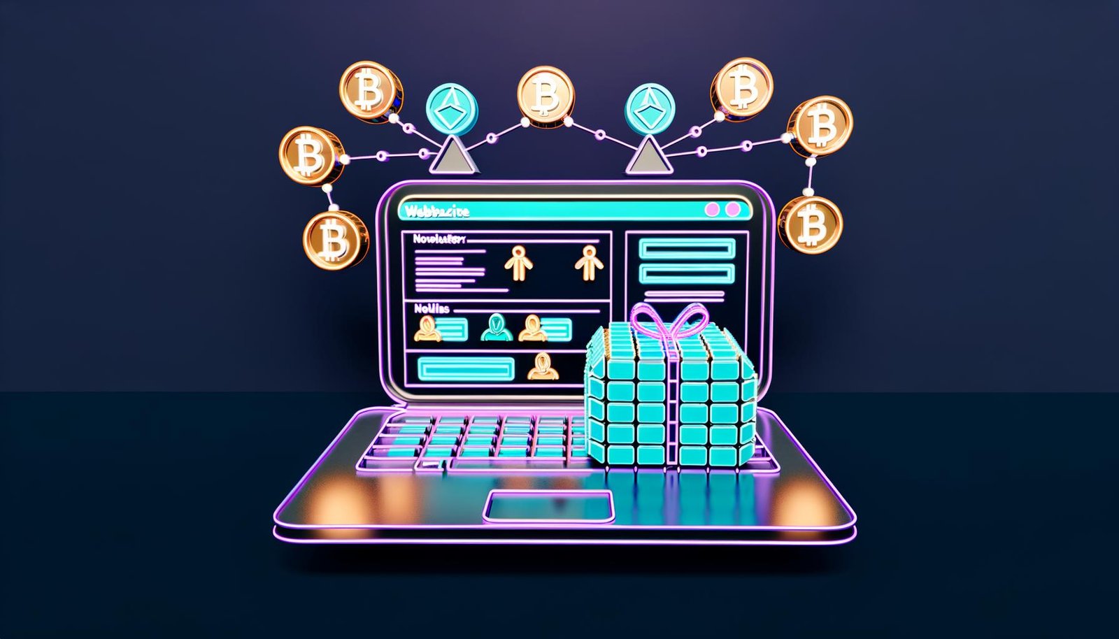 Modernes WordPress-Dashboard mit NFT-Funktionen, Wallet-Connect, Blockchain-Elementen und 3D-Avataren, die Datenübertragung feiern.