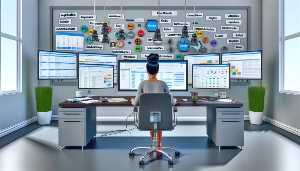 Moderner Arbeitsplatz eines Digital-Marketing-Spezialisten mit mehreren Monitoren, auf denen Analyse- und Keyword-Tools geöffnet sind, und Whiteboard mit Marketing-Notizen im Hintergrund.