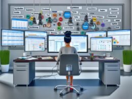 Moderner Arbeitsplatz eines Digital-Marketing-Spezialisten mit mehreren Monitoren, auf denen Analyse- und Keyword-Tools geöffnet sind, und Whiteboard mit Marketing-Notizen im Hintergrund.