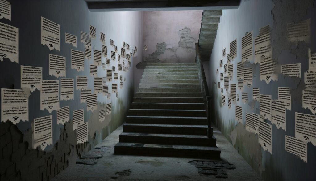 Verfallenes Treppenhaus mit politischen Zetteln und schwachem WLAN-Signal als Symbol für Rückstand in Deutschlands Digitalpolitik