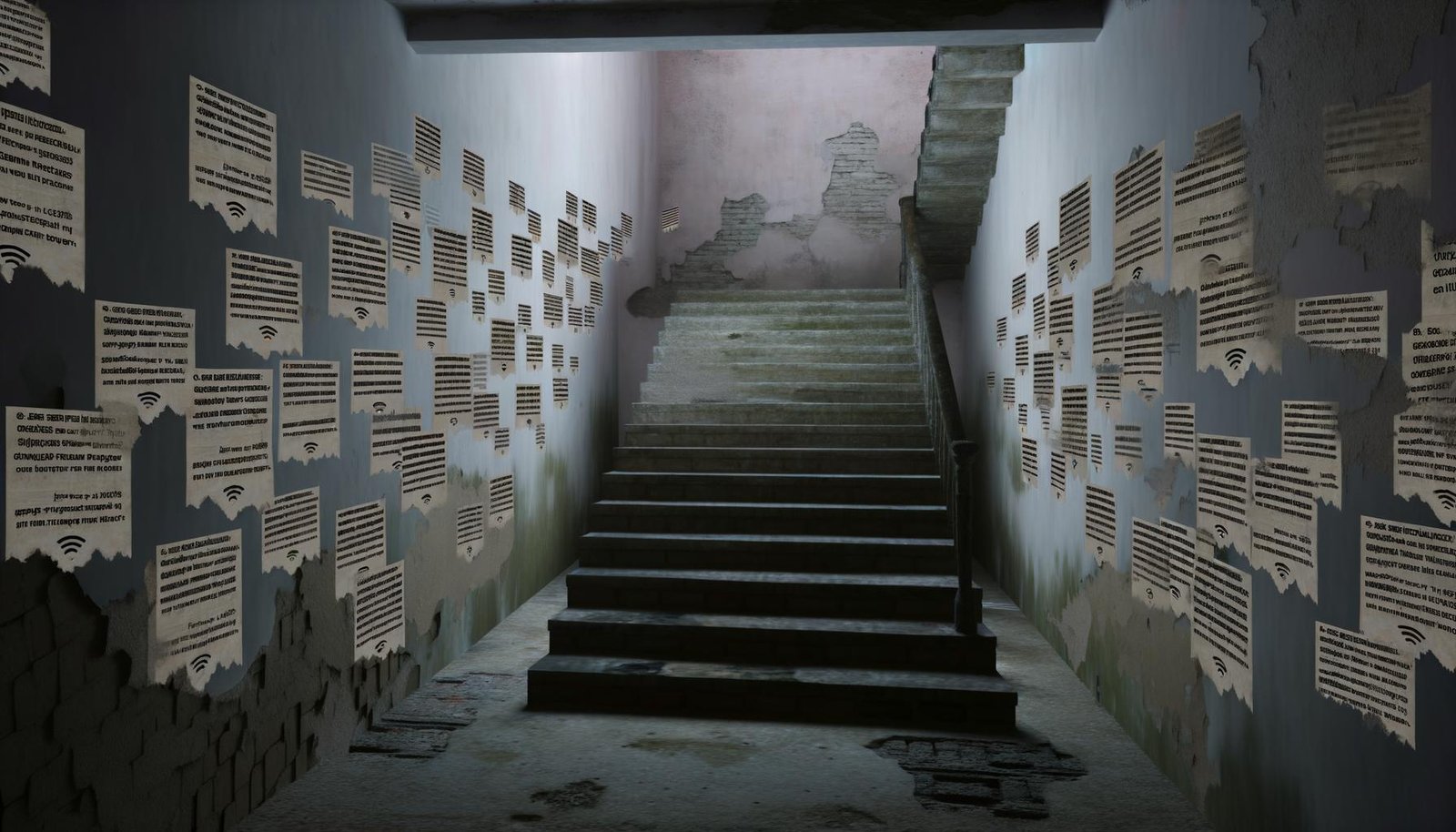 Verfallenes Treppenhaus mit politischen Zetteln und schwachem WLAN-Signal als Symbol für Rückstand in Deutschlands Digitalpolitik