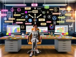 Business-Casual Inbound-Content-Editor arbeitet an mehreren Bildschirmen mit SEO-Dashboards, Content-Kalender, Performance-Analysen und integriertem CRM. Kreativer Schreibtisch mit Sticky Notes, Tablet, und Kaffeetasse, im modernen, hellen Büro.