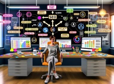 Business-Casual Inbound-Content-Editor arbeitet an mehreren Bildschirmen mit SEO-Dashboards, Content-Kalender, Performance-Analysen und integriertem CRM. Kreativer Schreibtisch mit Sticky Notes, Tablet, und Kaffeetasse, im modernen, hellen Büro.