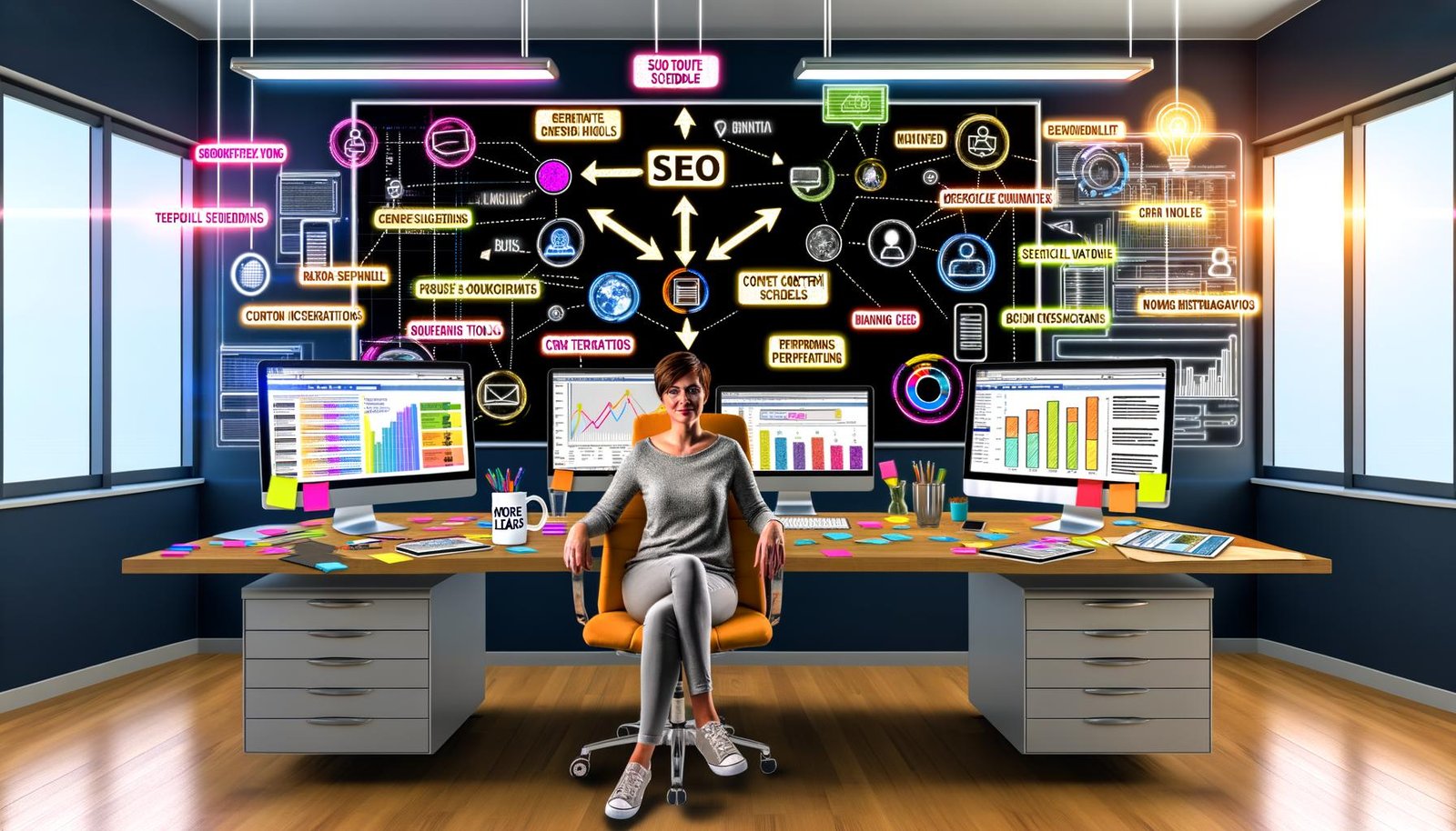 Business-Casual Inbound-Content-Editor arbeitet an mehreren Bildschirmen mit SEO-Dashboards, Content-Kalender, Performance-Analysen und integriertem CRM. Kreativer Schreibtisch mit Sticky Notes, Tablet, und Kaffeetasse, im modernen, hellen Büro.