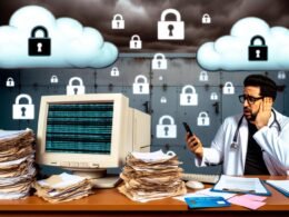 Überfülltes Arztbüro mit Aktenbergen, altem Computer mit Fehlermeldungen und Symbolen für Datensicherheit, Arzt schaut ratlos auf Gesundheitskarte und Smartphone-App