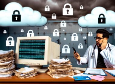 Überfülltes Arztbüro mit Aktenbergen, altem Computer mit Fehlermeldungen und Symbolen für Datensicherheit, Arzt schaut ratlos auf Gesundheitskarte und Smartphone-App