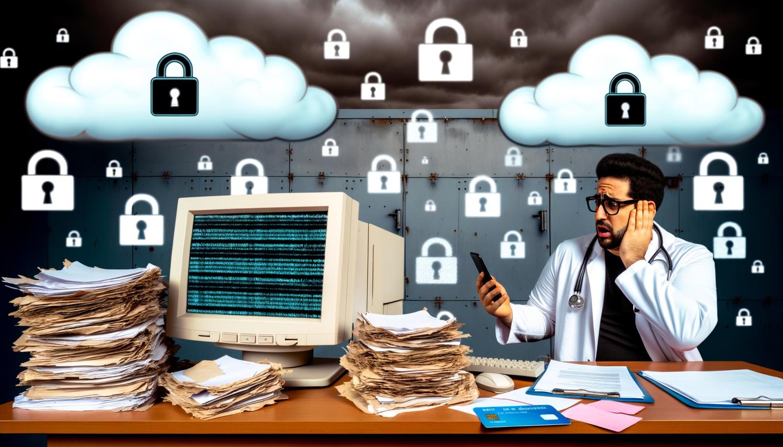 Überfülltes Arztbüro mit Aktenbergen, altem Computer mit Fehlermeldungen und Symbolen für Datensicherheit, Arzt schaut ratlos auf Gesundheitskarte und Smartphone-App