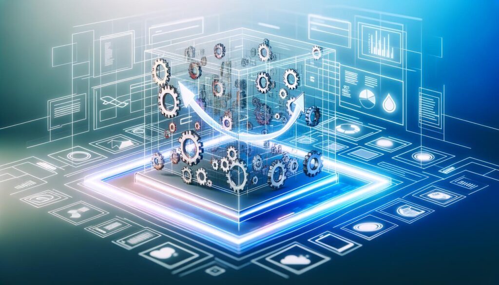 Modernes Keyvisual mit 3D-Content-Modulen als Zahnräder, leuchtende Datenströme, SEO-, Analytics-, Keyword- und User Intent-Icons, technischer Hintergrund, Wachstumskurve.