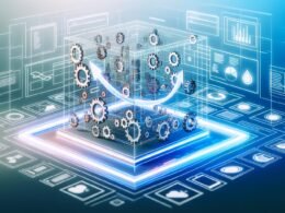 Modernes Keyvisual mit 3D-Content-Modulen als Zahnräder, leuchtende Datenströme, SEO-, Analytics-, Keyword- und User Intent-Icons, technischer Hintergrund, Wachstumskurve.