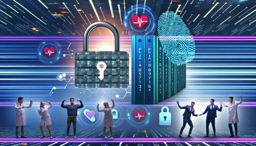 Illustration eines Serverraums mit digitalen Datenströmen, Verschlüsselungssymbolen und Patientenakte. Drei Personengruppen – Politiker, Datenschützer, Arzt – stehen angespannt vor medizinischen und bürokratischen Elementen.