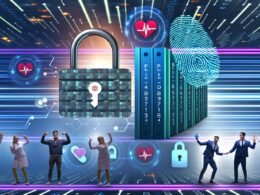 Illustration eines Serverraums mit digitalen Datenströmen, Verschlüsselungssymbolen und Patientenakte. Drei Personengruppen – Politiker, Datenschützer, Arzt – stehen angespannt vor medizinischen und bürokratischen Elementen.