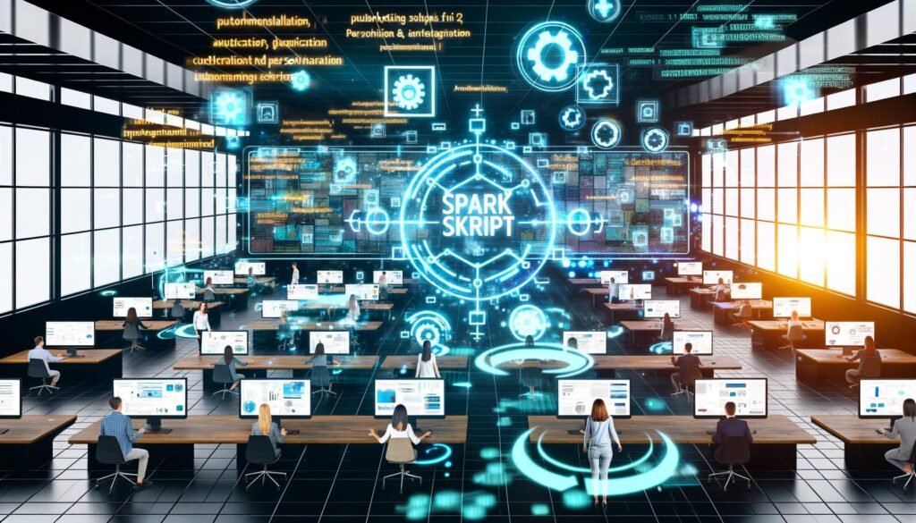 Futuristisches Büro mit Marketingprofis vor Bildschirmen, holografischen Daten, Spark Skript Logo und digitalen Verbindungen zu CRM, Analytics und Werbeplattformen.