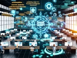 Futuristisches Büro mit Marketingprofis vor Bildschirmen, holografischen Daten, Spark Skript Logo und digitalen Verbindungen zu CRM, Analytics und Werbeplattformen.