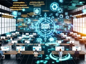 Futuristisches Büro mit Marketingprofis vor Bildschirmen, holografischen Daten, Spark Skript Logo und digitalen Verbindungen zu CRM, Analytics und Werbeplattformen.