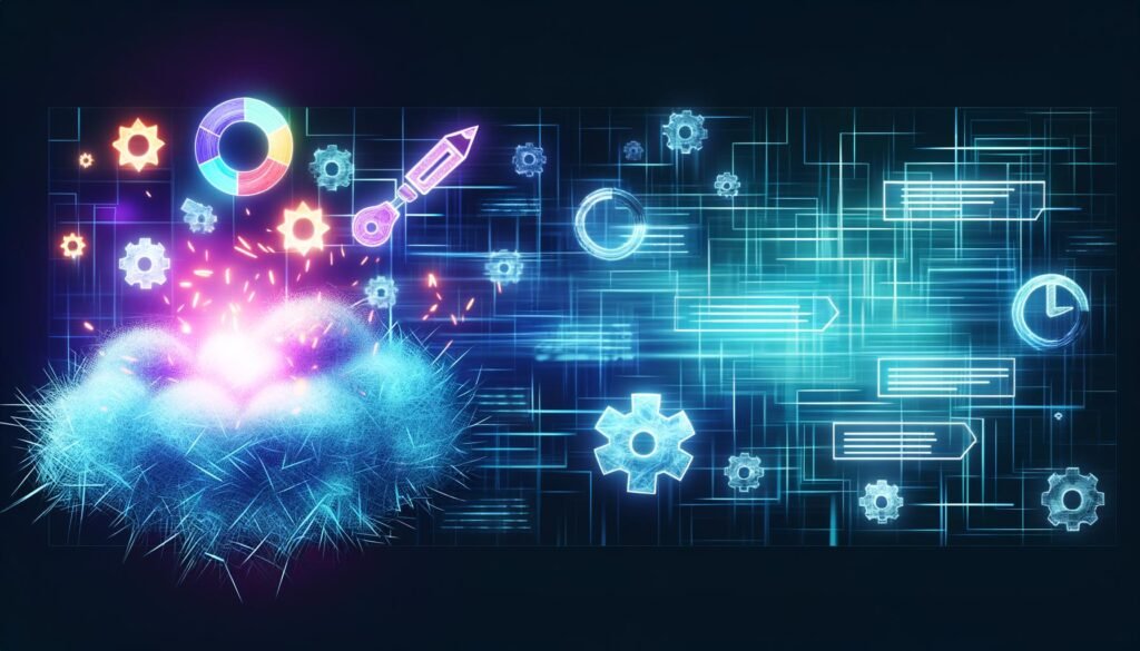 Digitales Titelbild mit leuchtender Funkenwolke, gläsernen Webseitensnippets, einem SERP-Labyrinth und Symbolen für SEO, Datenanalyse und Content-Optimierung auf dunklem Hintergrund.