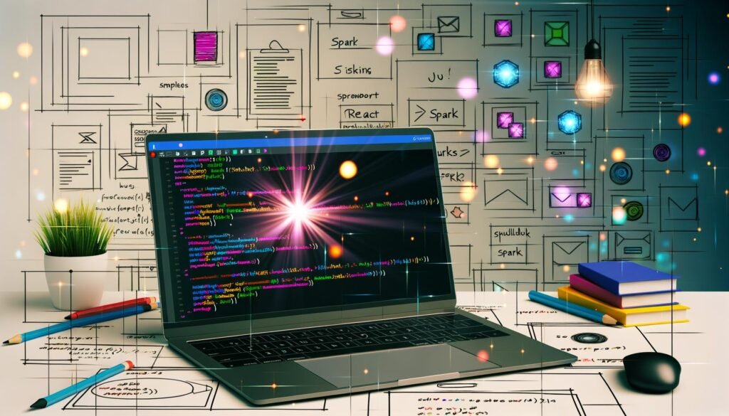 Digitaler Arbeitsplatz mit Laptop und offenem Code-Editor, sauber strukturierter JavaScript/TypeScript-Code, skizzenhafte Wireframes, bunte UI-Komponenten, Framework-Symbole wie Next.js, Nuxt, SvelteKit, und leuchtender Funke als kreative Idee.